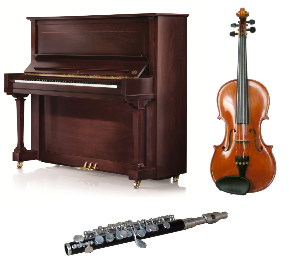 Photos of three instruments: a piano, a violin, and a piccolo.