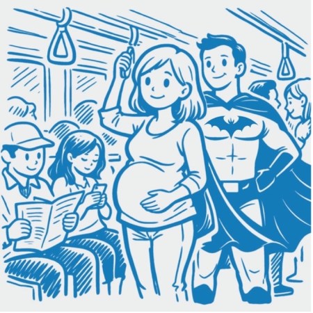 Blue line-art illustration of a crowded subway car. A pregnant woman stands holding an overhead strap while smiling. Behind her stands a caped superhero resembling Batman, also smiling. Seated nearby, a man reads a newspaper and a young girl looks at her phone. Other passengers are visible in the background.