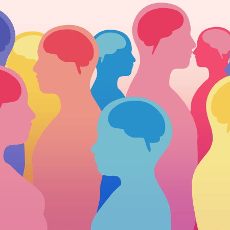 Colorful overlapping silhouettes of diverse human profiles facing different directions, each with a stylized brain shape inside the head, representing neurodiversity and differences in thinking.