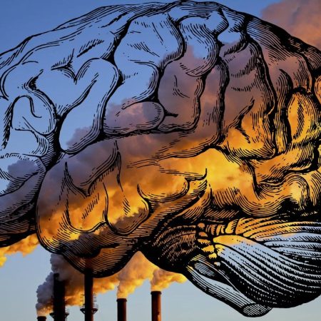 Outline of brain with smoke from factory underplayed underneath it