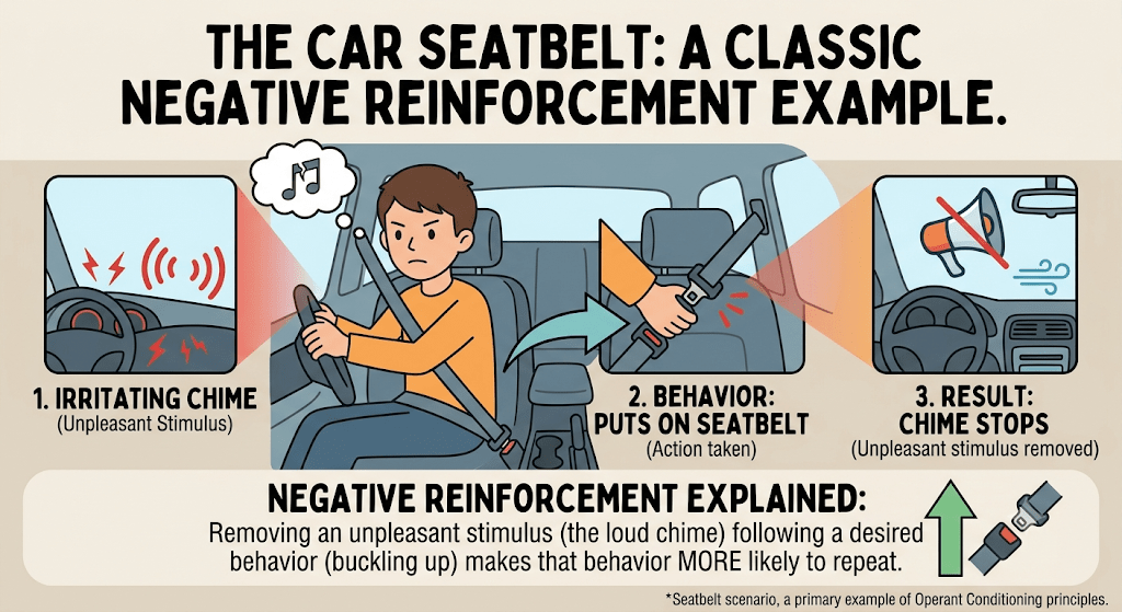Infographic illustrating negative reinforcement using a car seatbelt. An irritating warning chime sounds until the driver fastens their seatbelt. Buckling the seatbelt stops the unpleasant sound, making the driver more likely to buckle up in the future. This demonstrates negative reinforcement: a behavior increases because it removes an unpleasant stimulus.