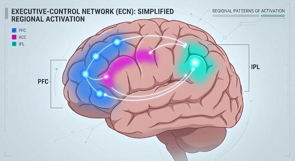 Illustration of the executive-control network (ECN) in the brain, showing simplified regional activation patterns with labeled areas: PFC (prefrontal cortex), ACC (anterior cingulate cortex), and IPL (intraparietal lobule) highlighted in different colors.